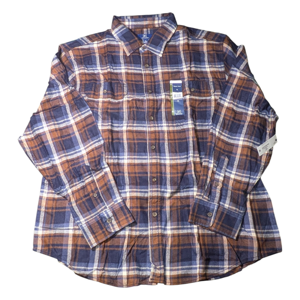 George - Men's Flannel Shirt - Classic Plaid Pattern Blue Brown Tan NWT Size XL